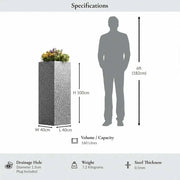 100cm Zinc Galvanised Silver & Black Textured Tall Square Planter